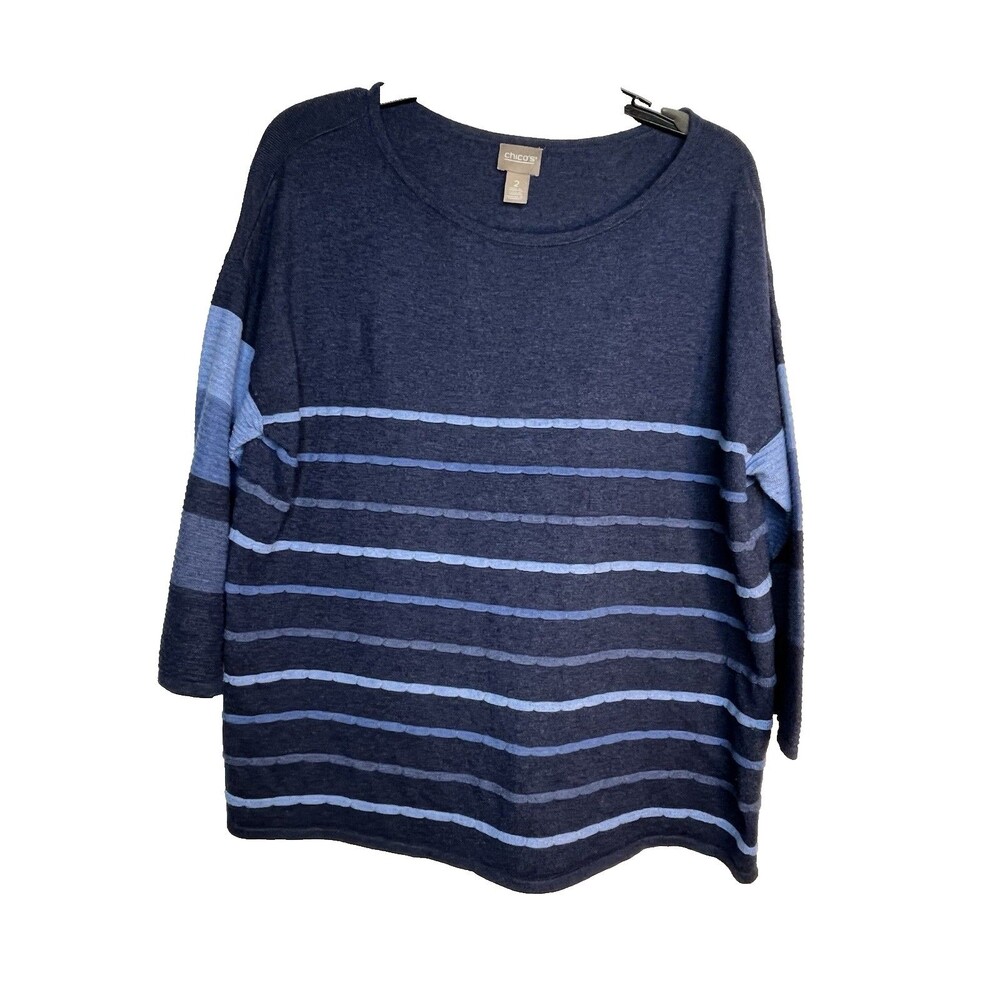 Chicos Multi Blue Stripe 3/4 Sleeve Layering Knit Top Blouse sz 2 / L (15)